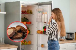 frigo che puzza con ragazza che lo apre e fondi di caffè