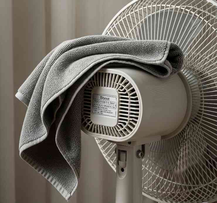 asciugamano poggiato sul retro di un ventilatore